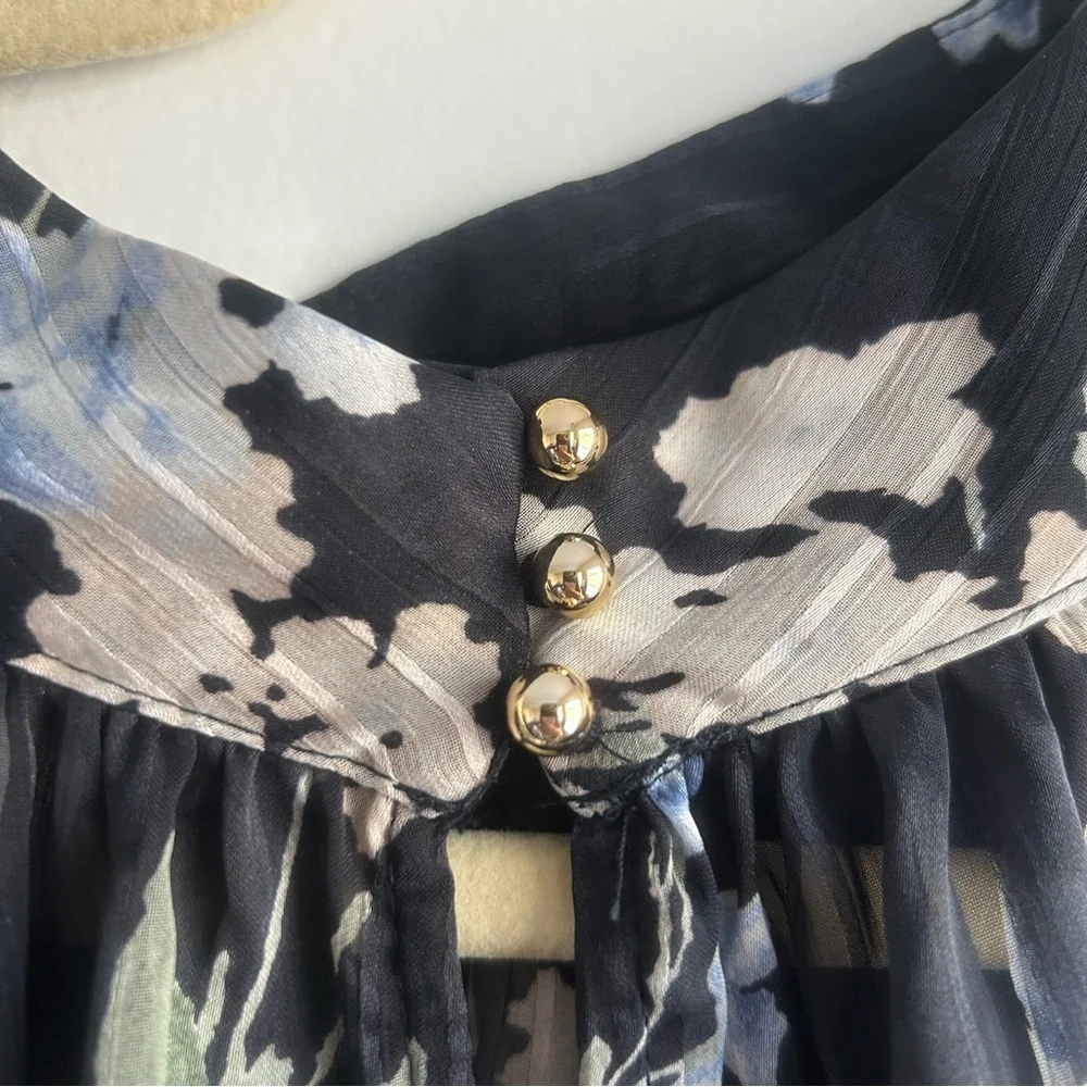 H&M Women’s Floral Sheer Long Sleeve Blouse Navy Blue Mock Neck Workwear Flowy - Picture 4 of 7